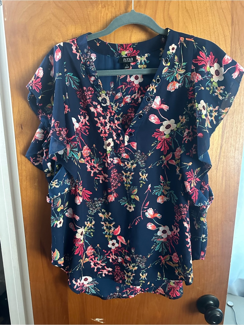 a.n.a Navy Floral V-Neck Ruffle Sleeve Blouse